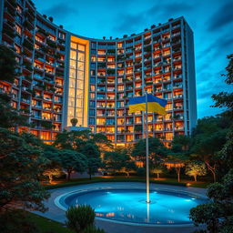 A captivating evening scene of a bionic building featuring a unique niche passage resembling the silhouette of Ukraine