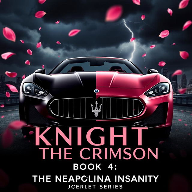 A cinematic movie poster featuring a Maserati Gran Turismo, split half in luxurious black and half in elegant rose gold pink, surrounded by delicate pink petals floating in the air