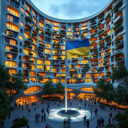 A futuristic, twisting bionic building with a unique, irregular shape, featuring a niche passage that resembles the map of Ukraine