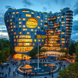 A futuristic, twisting bionic building with a unique, irregular shape, featuring a niche passage that resembles the map of Ukraine