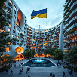 A futuristic, twisting bionic building with a unique, irregular shape, featuring a niche passage that resembles the map of Ukraine