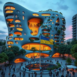 A futuristic, twisting bionic building with a unique, irregular shape, featuring a niche passage that resembles the map of Ukraine