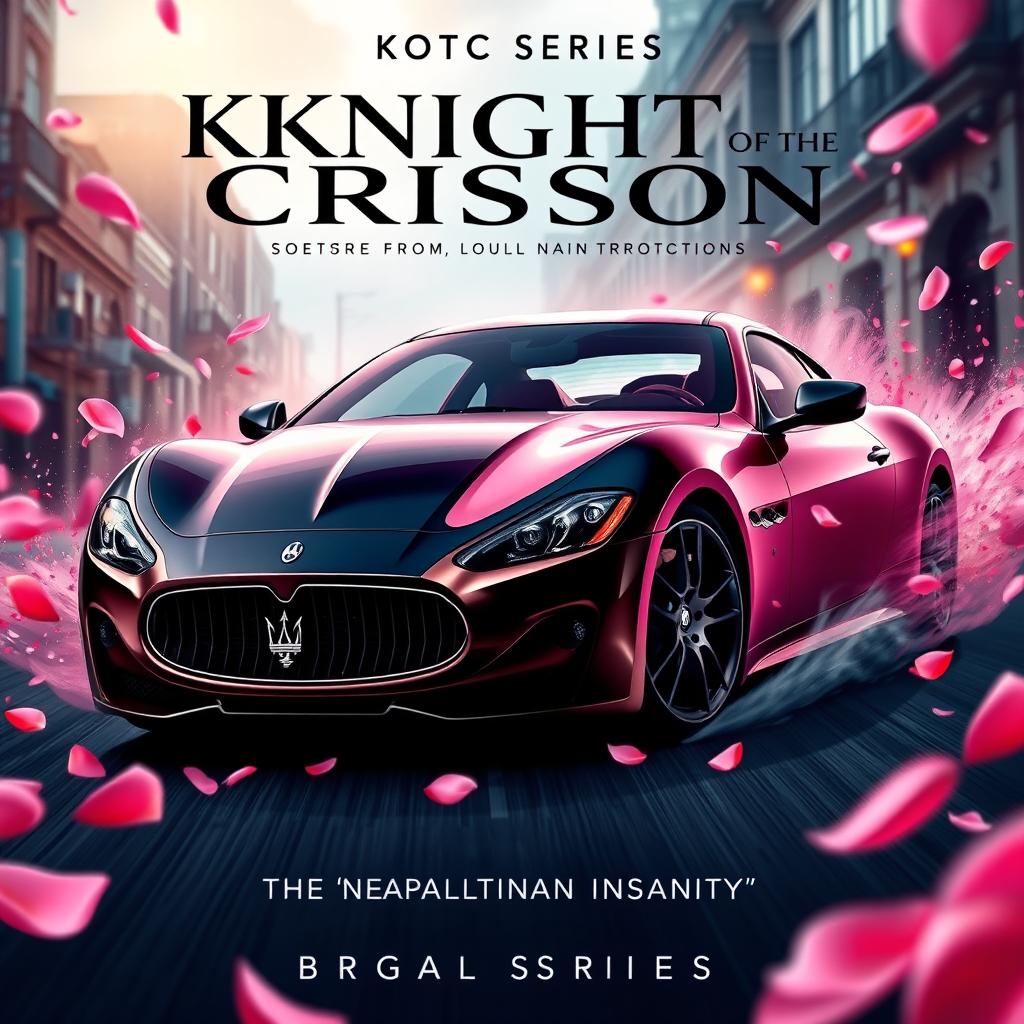 A dynamic movie poster featuring a Maserati Gran Turismo, artistically designed with a captivating split color scheme: one half in sleek black and the other in an elegant rose gold pink