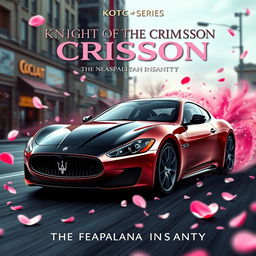 A dynamic movie poster featuring a Maserati Gran Turismo, artistically designed with a captivating split color scheme: one half in sleek black and the other in an elegant rose gold pink