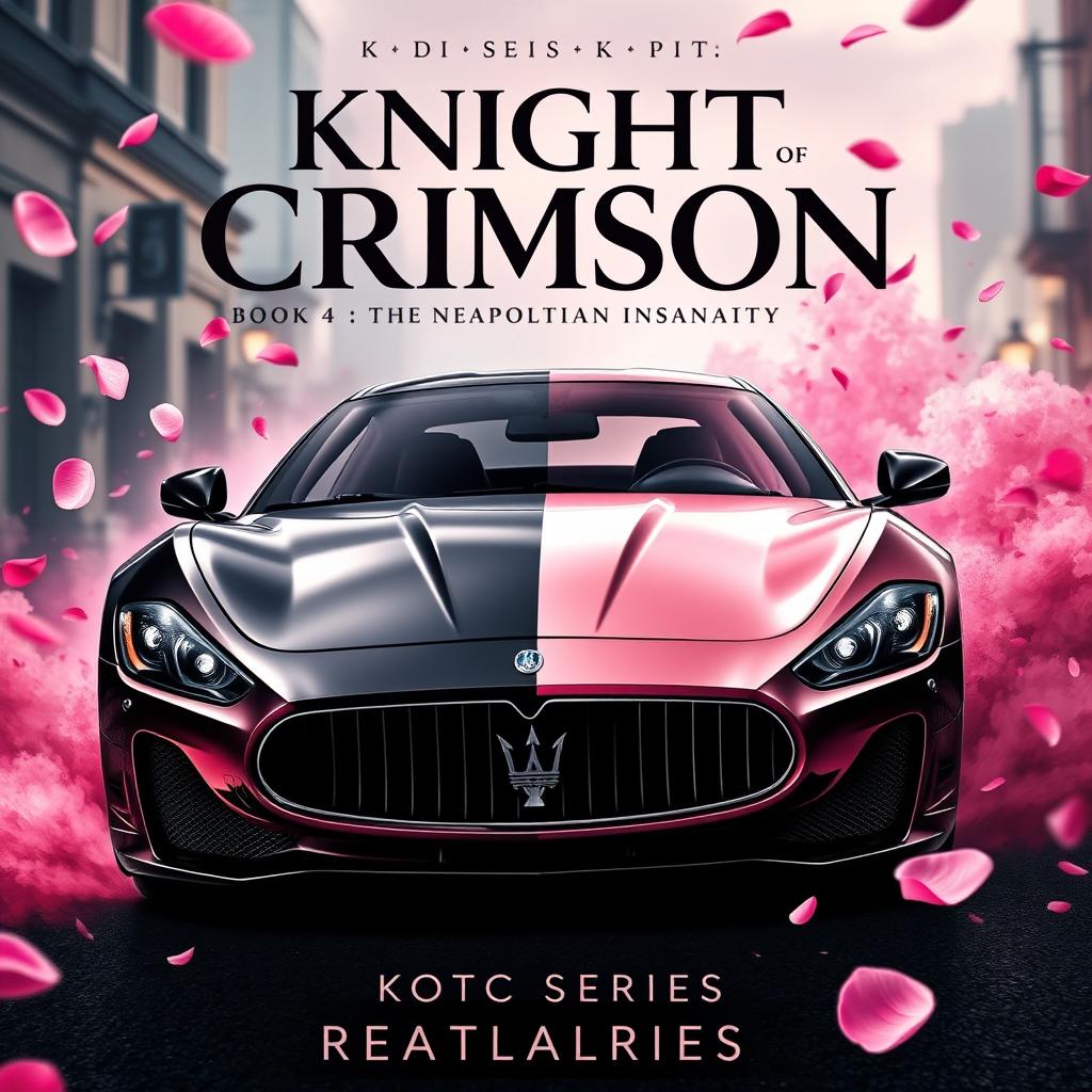 A dynamic movie poster featuring a Maserati Gran Turismo, artistically designed with a captivating split color scheme: one half in sleek black and the other in an elegant rose gold pink