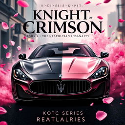 A dynamic movie poster featuring a Maserati Gran Turismo, artistically designed with a captivating split color scheme: one half in sleek black and the other in an elegant rose gold pink