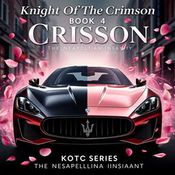 A dynamic movie poster featuring a Maserati Gran Turismo, artistically designed with a captivating split color scheme: one half in sleek black and the other in an elegant rose gold pink