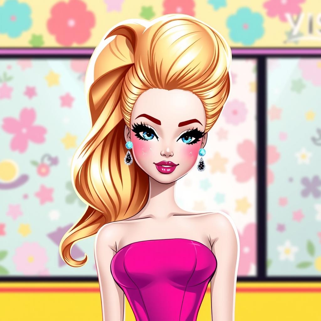 A digital art illustration of a stylish Barbie character, showcasing her in a glamorous outfit with vibrant colors