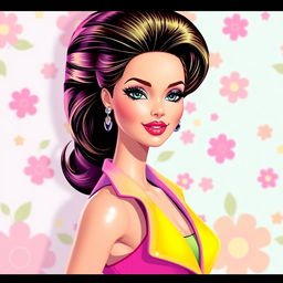 A digital art illustration of a stylish Barbie character, showcasing her in a glamorous outfit with vibrant colors