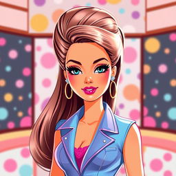 A digital art illustration of a stylish Barbie character, showcasing her in a glamorous outfit with vibrant colors