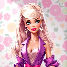 A digital art illustration of a stylish Barbie character, showcasing her in a glamorous outfit with vibrant colors