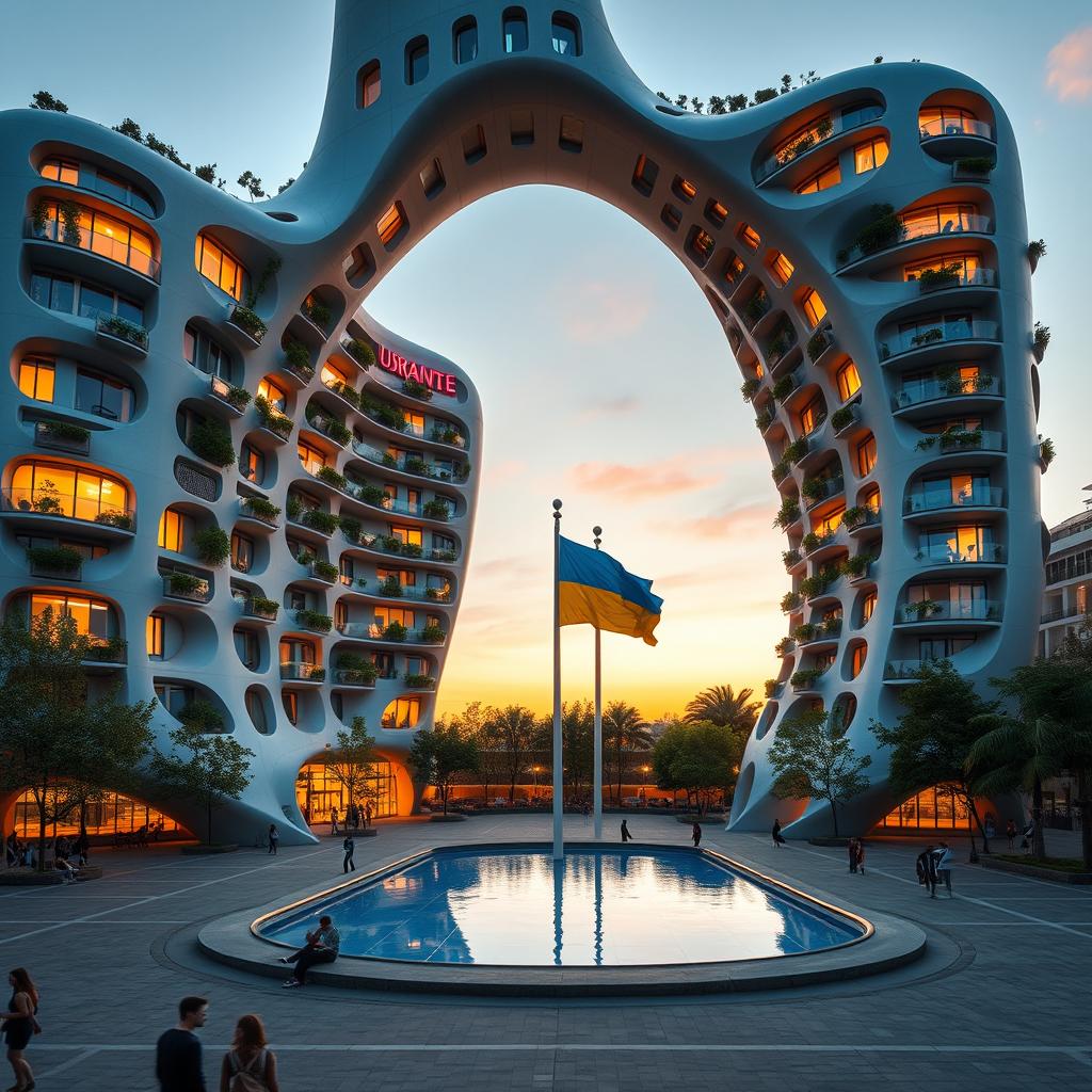 A twisting, irregularly shaped bionic building with a futuristic design, featuring an arch-shaped passage that outlines the hollow shape of Ukraine