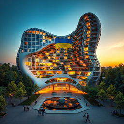 A twisting, irregularly shaped bionic building with a futuristic design, featuring an arch-shaped passage that outlines the hollow shape of Ukraine