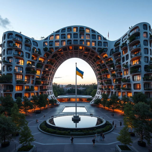 A twisting, irregularly shaped bionic building with a futuristic design, featuring an arch-shaped passage that outlines the hollow shape of Ukraine