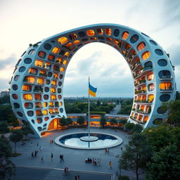 A twisting, irregularly shaped bionic building with a futuristic design, featuring an arch-shaped passage that outlines the hollow shape of Ukraine