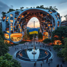 A futuristic, twisting bionic building with an irregular shape, featuring an arch passage formed in the outline of Ukraine