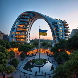 A futuristic, twisting bionic building with an irregular shape, featuring an arch passage formed in the outline of Ukraine