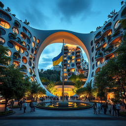 A futuristic, twisting bionic building with an irregular shape, featuring an arch passage formed in the outline of Ukraine