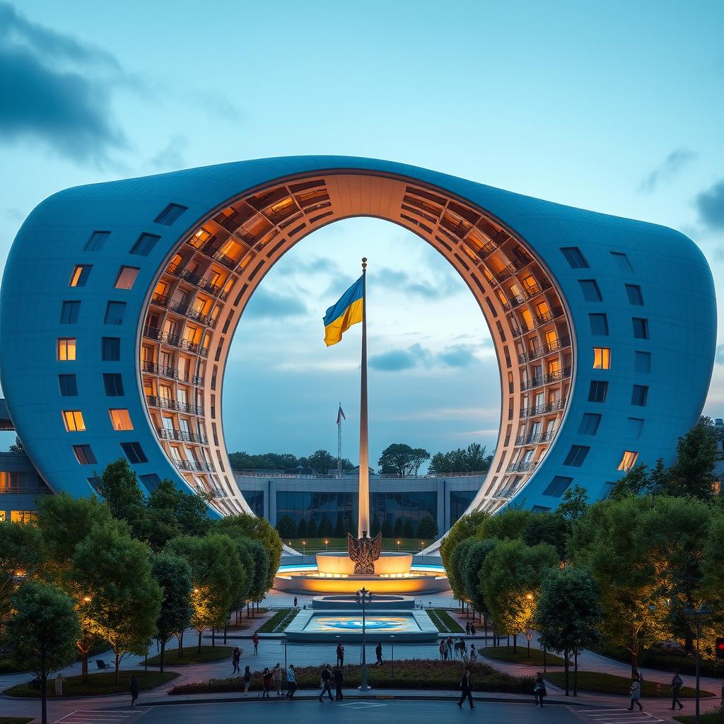 A bionic building with a futuristic, winding, and irregular shape, featuring an archway that forms the silhouette of Ukraine as seen on geographical maps