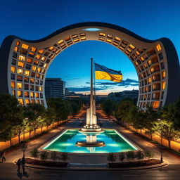 A bionic building with a futuristic, winding, and irregular shape, featuring an archway that forms the silhouette of Ukraine as seen on geographical maps