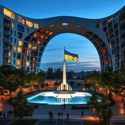 A bionic building with a futuristic, winding, and irregular shape, featuring an archway that forms the silhouette of Ukraine as seen on geographical maps