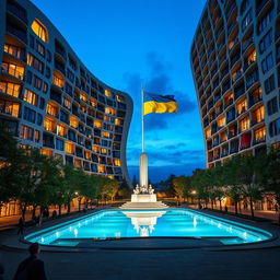 A bionic building with a futuristic, winding, and irregular shape, featuring an archway that forms the silhouette of Ukraine as seen on geographical maps