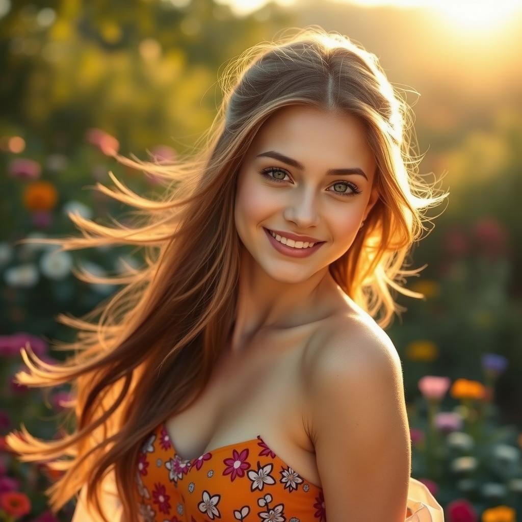 A beautiful woman with long flowing hair stands in a sunlit garden at golden hour