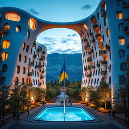 A bionic building with a futuristic, winding, and irregular shape, featuring an archway designed in the form of Ukraine as shown on geographical maps