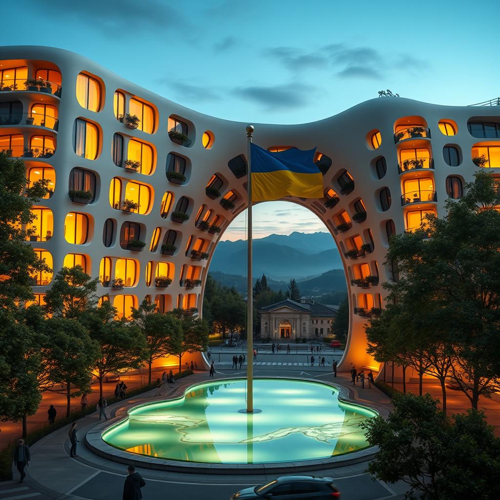 A bionic building with a futuristic, winding, and irregular shape, featuring an archway designed in the form of Ukraine as shown on geographical maps