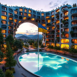 A bionic building with a futuristic, winding, and irregular shape, featuring an archway designed in the form of Ukraine as shown on geographical maps