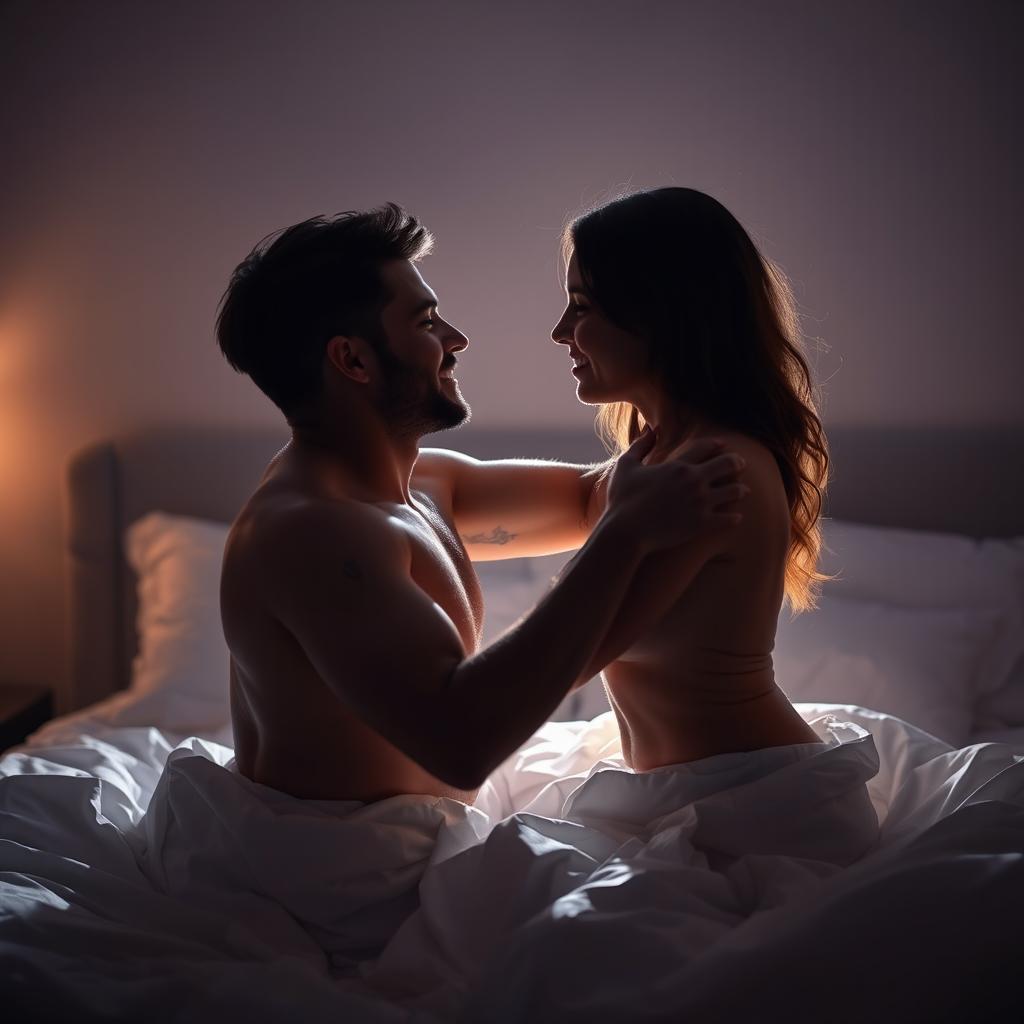 A passionate couple engaging in an intimate encounter in a dimly lit bedroom