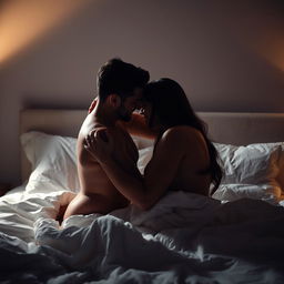 A passionate couple engaging in an intimate encounter in a dimly lit bedroom