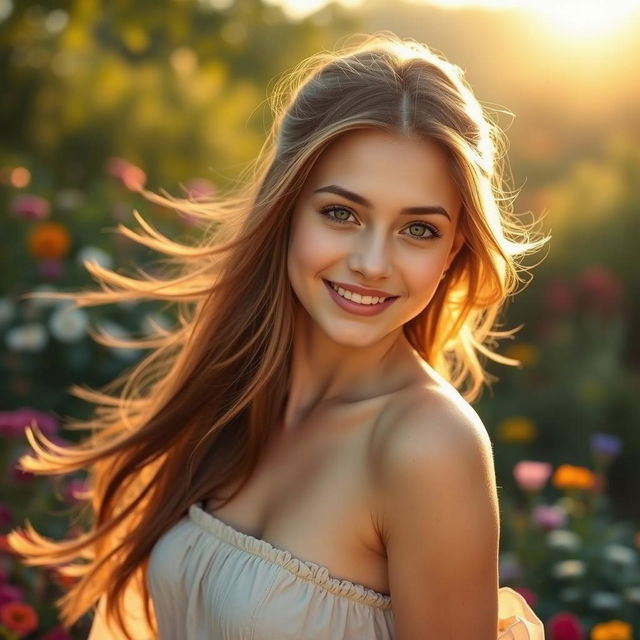 a young woman sitting gracefully on a wooden path in a vibrant forest, wearing a soft, elegant light blue lace dress