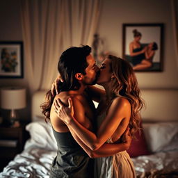 A passionate couple in an intimate bedroom setting, engaging in a tender kiss and embracing each other with deep affection