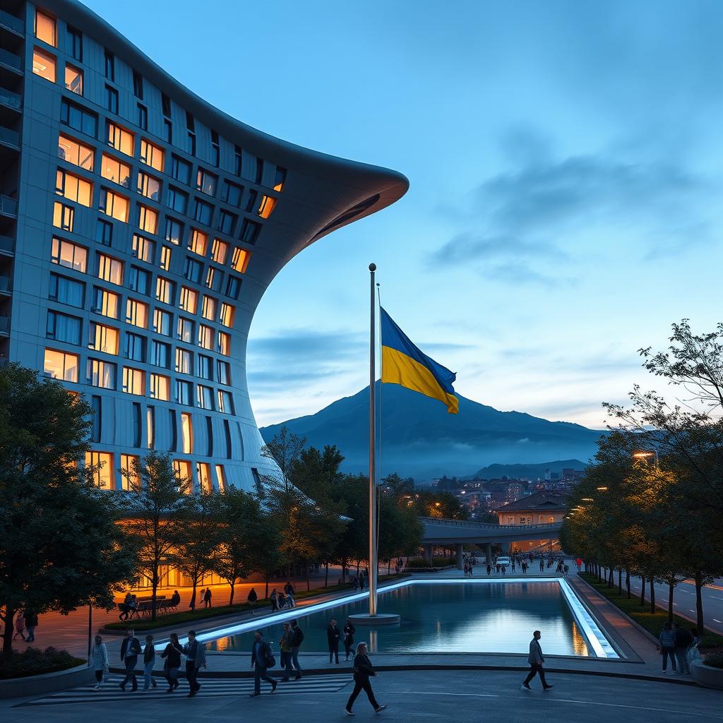 A bionic building with a futuristic, winding, irregular shape, featuring a large opening in the shape of Ukraine as depicted on geographical maps