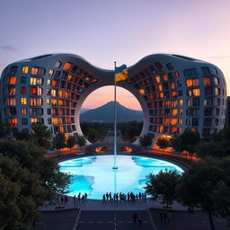 A bionic building with a futuristic, winding, irregular shape, featuring a large opening in the shape of Ukraine as depicted on geographical maps