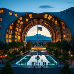 A bionic building with a futuristic, winding, irregular shape, featuring a large opening in the shape of Ukraine as depicted on geographical maps