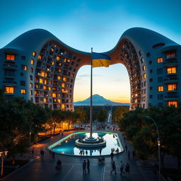 A bionic building with a futuristic, winding, irregular shape, featuring a large opening in the shape of Ukraine as depicted on geographical maps