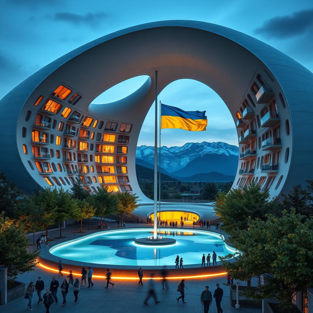 A bionic building with a futuristic, winding, irregular shape, featuring a large opening that closely resembles the shape of Ukraine as it appears on geographical maps