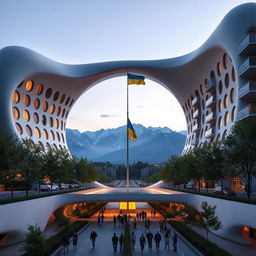 A bionic building with a futuristic, winding, irregular shape, featuring a large opening that closely resembles the shape of Ukraine as it appears on geographical maps