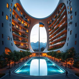 A bionic building with a futuristic, winding, irregular shape, featuring a large opening that closely resembles the shape of Ukraine as it appears on geographical maps