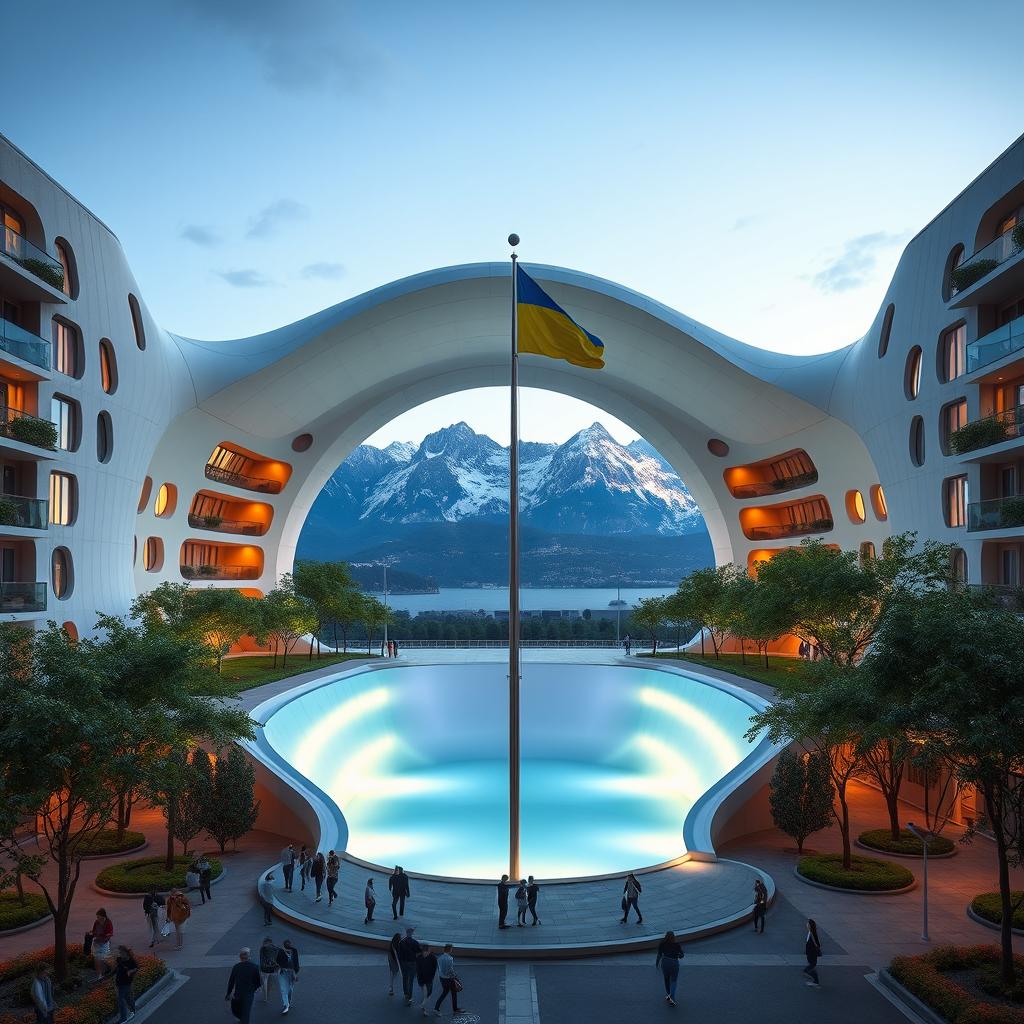 A bionic building with a futuristic, winding, irregular shape, featuring a large opening that closely resembles the shape of Ukraine as it appears on geographical maps