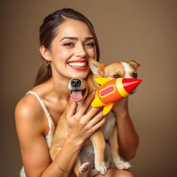 A woman with a radiant smile, wearing fashionable and elegant heels, is affectionately holding a dog