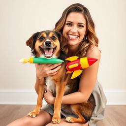 A woman with a radiant smile, wearing fashionable and elegant heels, is affectionately holding a dog