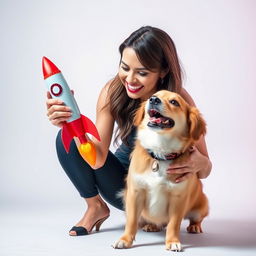 A woman with a radiant and genuine smile is gently holding a colorful toy rocket, playfully engaging with a joyful dog