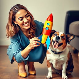 A woman with a radiant and genuine smile is gently holding a colorful toy rocket, playfully engaging with a joyful dog