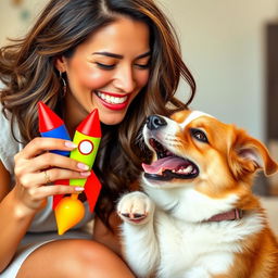 A woman with a radiant and genuine smile is gently holding a colorful toy rocket, playfully engaging with a joyful dog