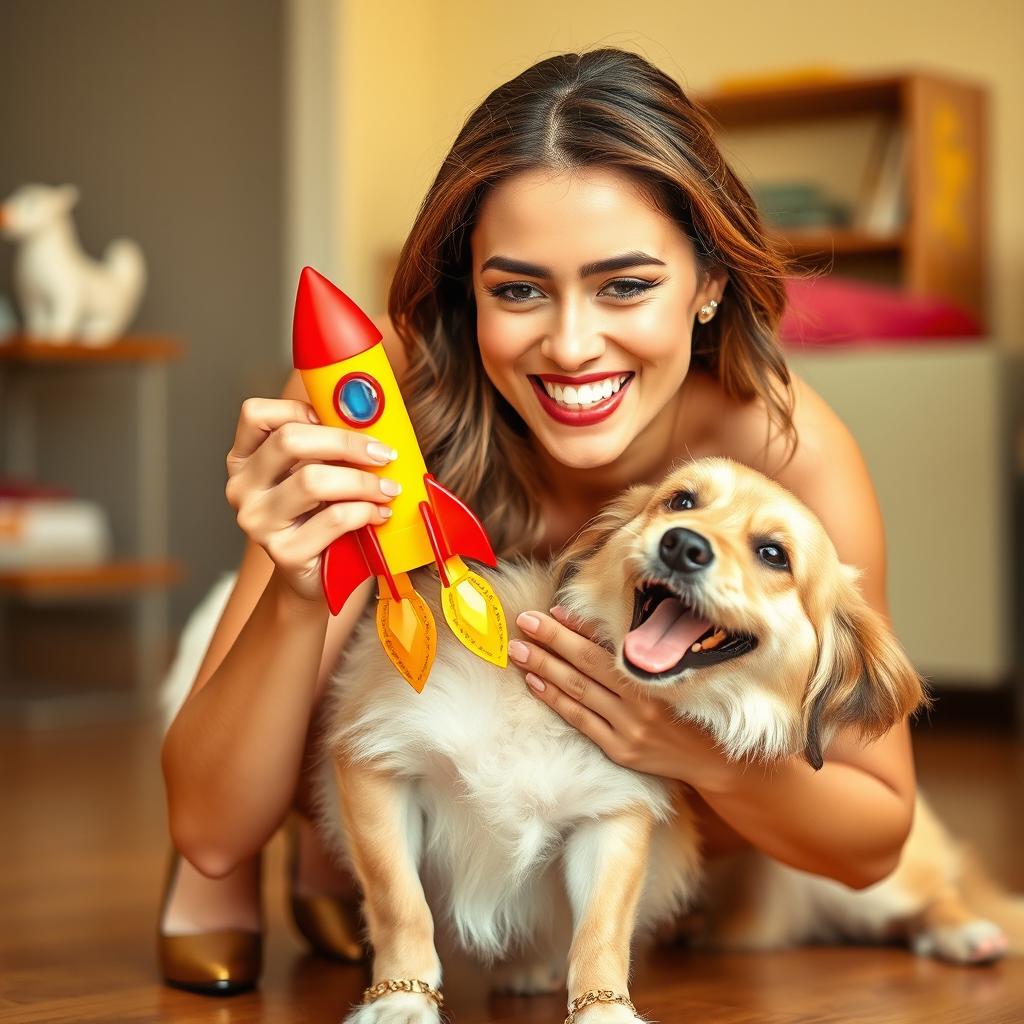 A woman with a radiant and genuine smile is gently holding a colorful toy rocket, playfully engaging with a joyful dog