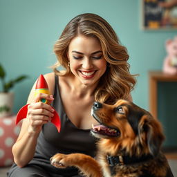 A woman with a genuine smile, gracefully holding a colorful toy rocket, interactively playing with a lively dog