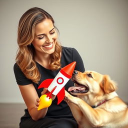 A woman with a genuine smile, gracefully holding a colorful toy rocket, interactively playing with a lively dog